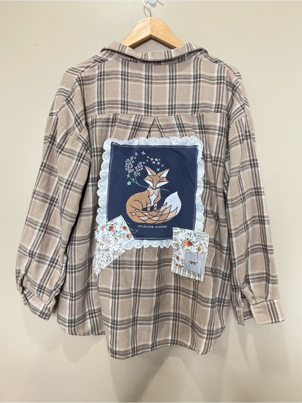 Upcycled Reworked Plaid Flannel. Fox Nature Plaid Shabby Chic Lace XL